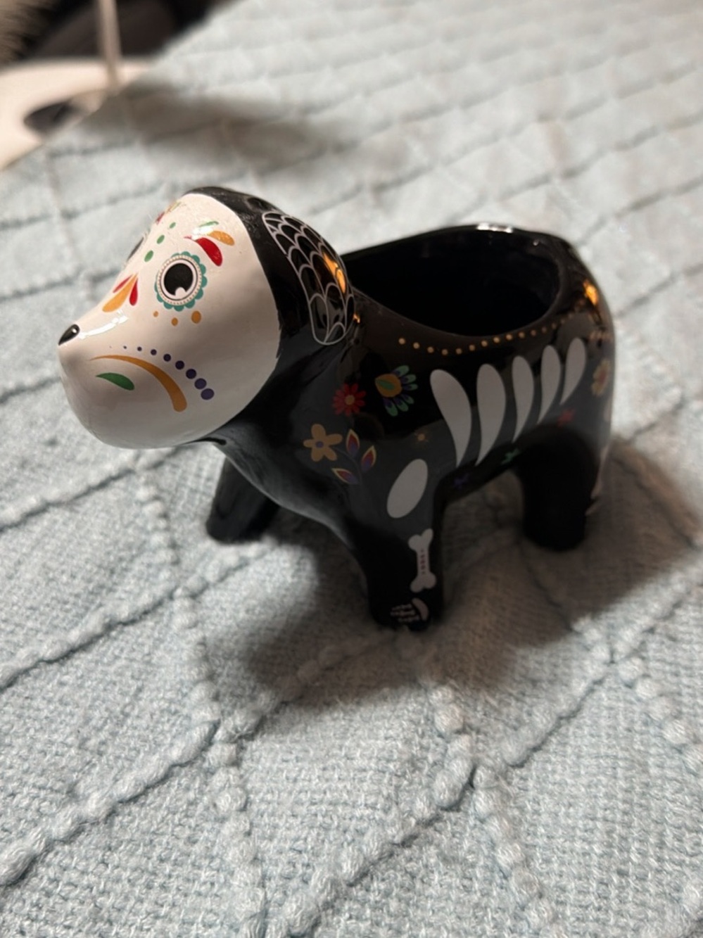 Hand-Painted Day of the Dead Black Ceramic Dog Planter